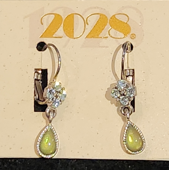 2028 Silver Tone Green Crystal Teardrop Dangle Earrings with Rhinestone Accents - Picture 2 of 4